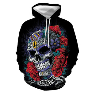 3D Graphic Printed Hoodies Skeletons And Flowers