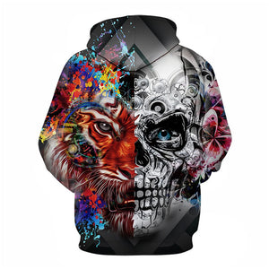 3D Graphic Printed Hoodies Skull And Tiger